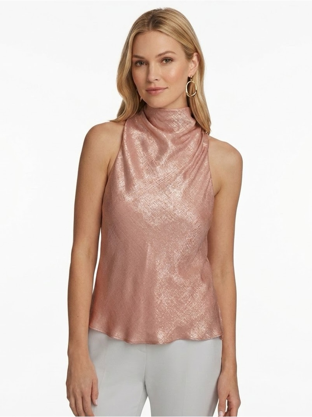 Donna Karan Metallic Foil High Cowl Neck Top Pink Sand Vapor M